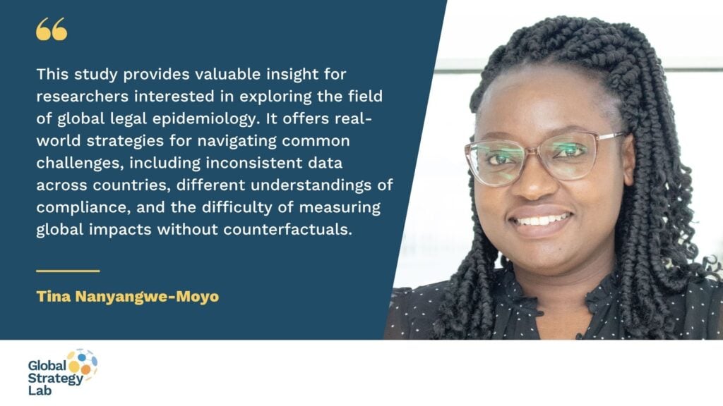 Quote card featuring Dr. Tina Nanyangwe-Moyo on Global Legal Epidemiology: "This study provides valuable insights for researchers exploring the field of global legal epidemiology," said lead author Dr. Tina Nanyangwe-Moyo. "It offers real-world strategies for navigating common challenges, including inconsistent data across countries, different understandings of compliance, and the difficulty of measuring global impacts without counterfactuals."
