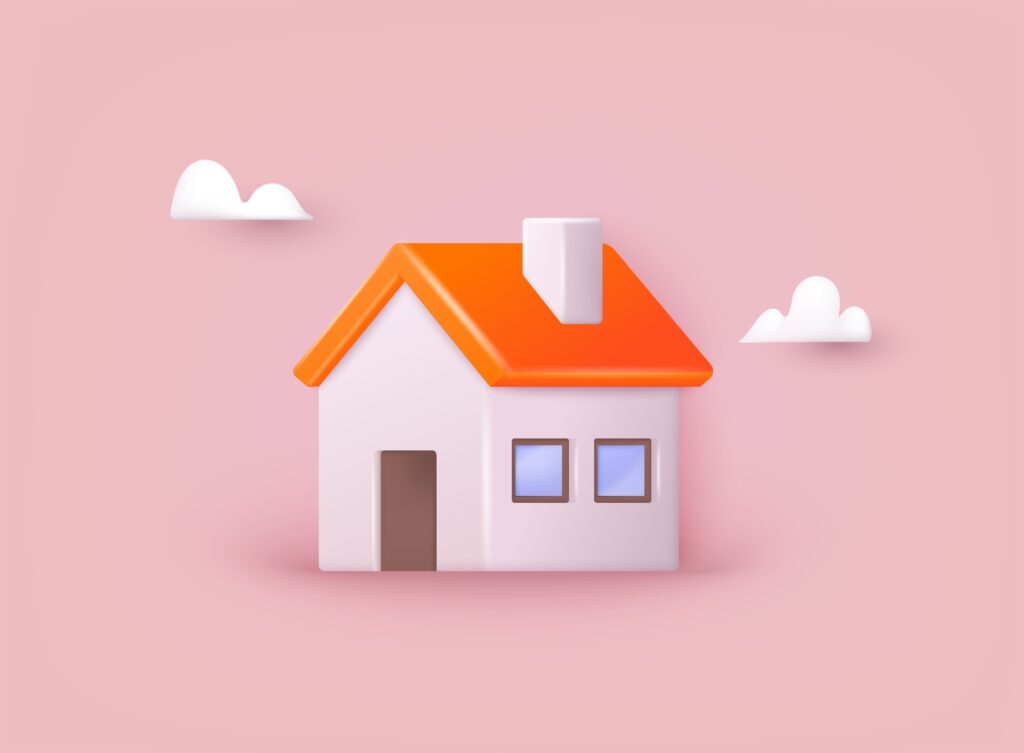 3D house illustration surrounded by clouds. The house has an orange roof and white walls.