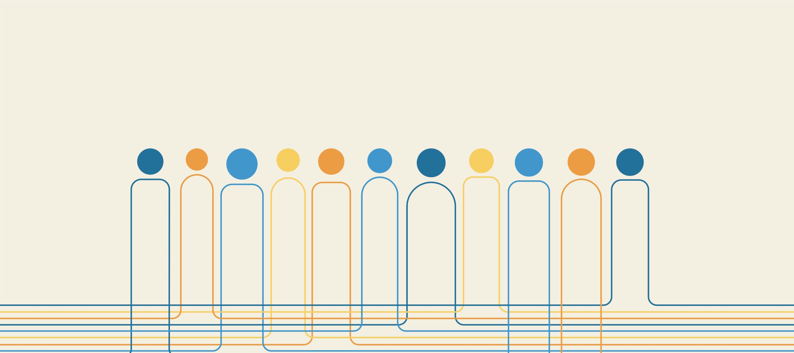 Abstract illustration of multiple human figures in different shapes and colours, representing a diverse group of people.
