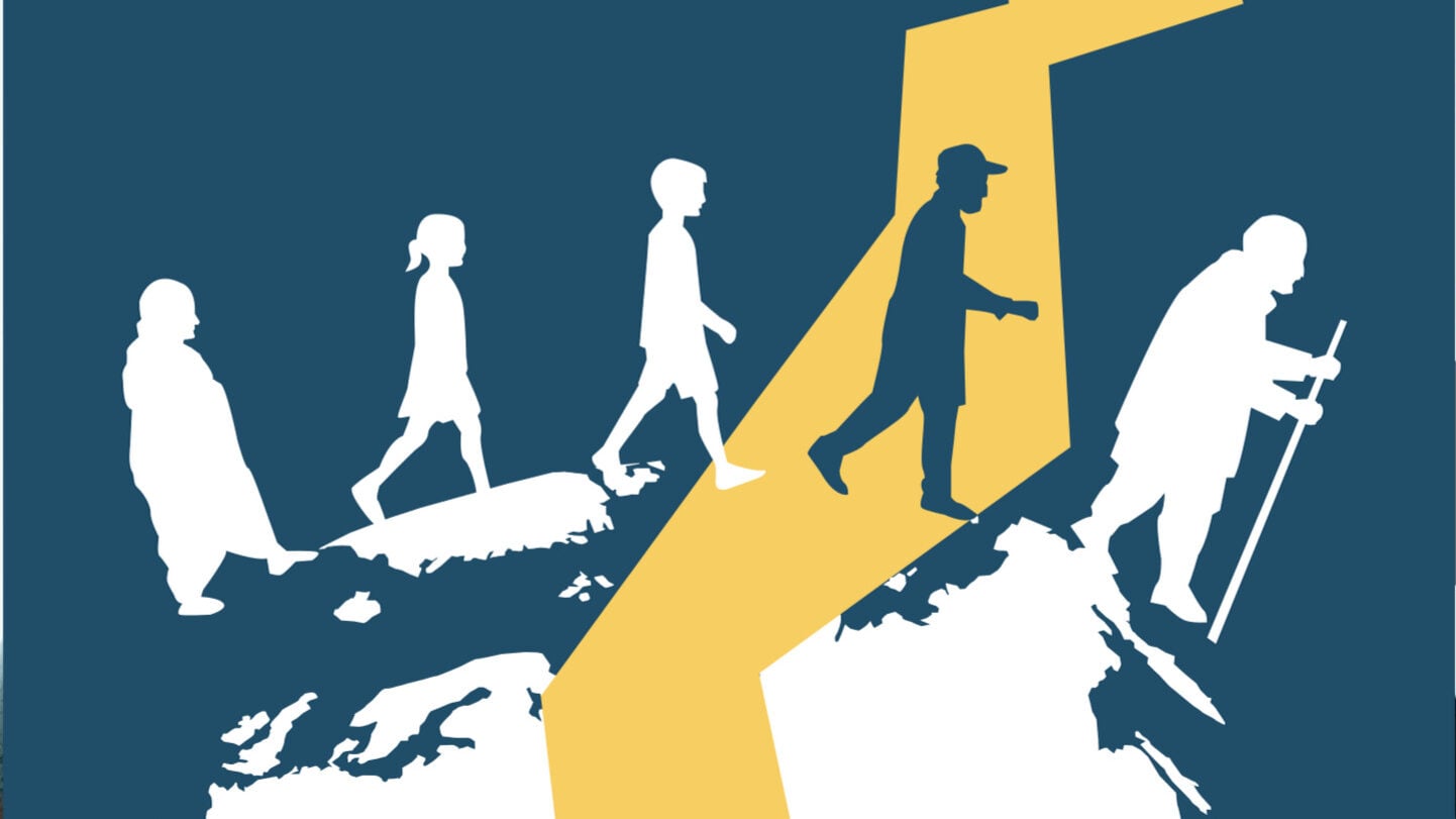 Silhouettes of five people walking along a winding path across a world map toward an opening, symbolizing migration journeys and pathways to healthcare access.