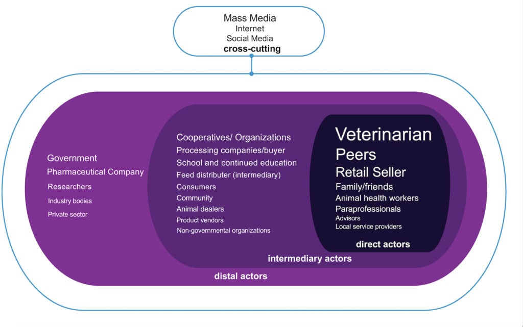 A nested diagram showing 25 stakeholders who influence farmers' antibiotic use in food-producing animals, organised into three layers: direct actors (innermost, including veterinarians, peers, and retail sellers), intermediary actors (including cooperatives, consumers, and NGOs), and distal actors (including government, pharmaceutical companies, and researchers). Mass media, internet, and social media are shown as a cross-cutting influence above all layers.